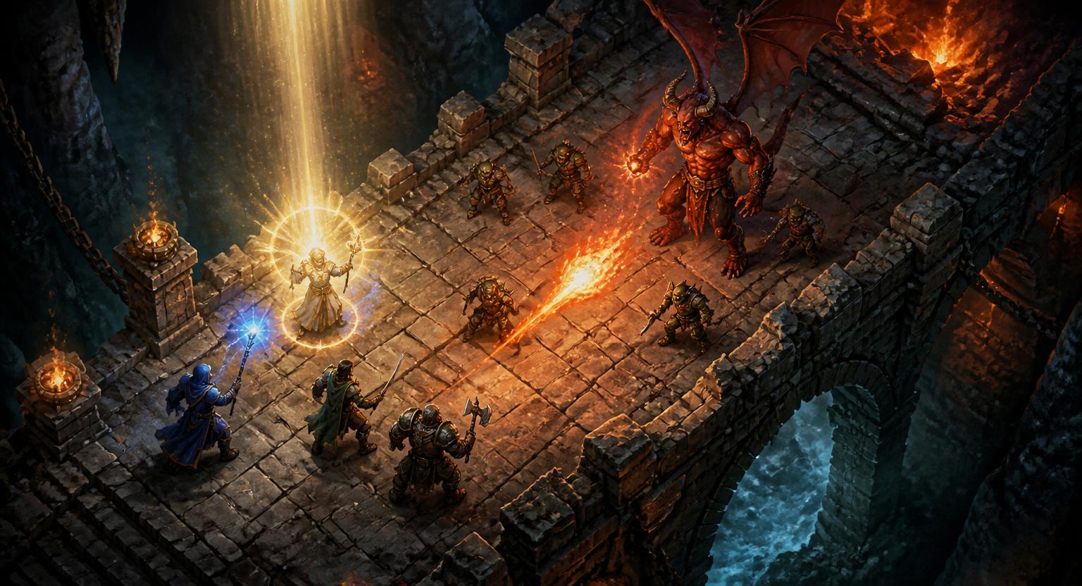 Top-down view of a turn-based combat encounter with a wizard casting holy light against a demon and goblins on a stone bridge