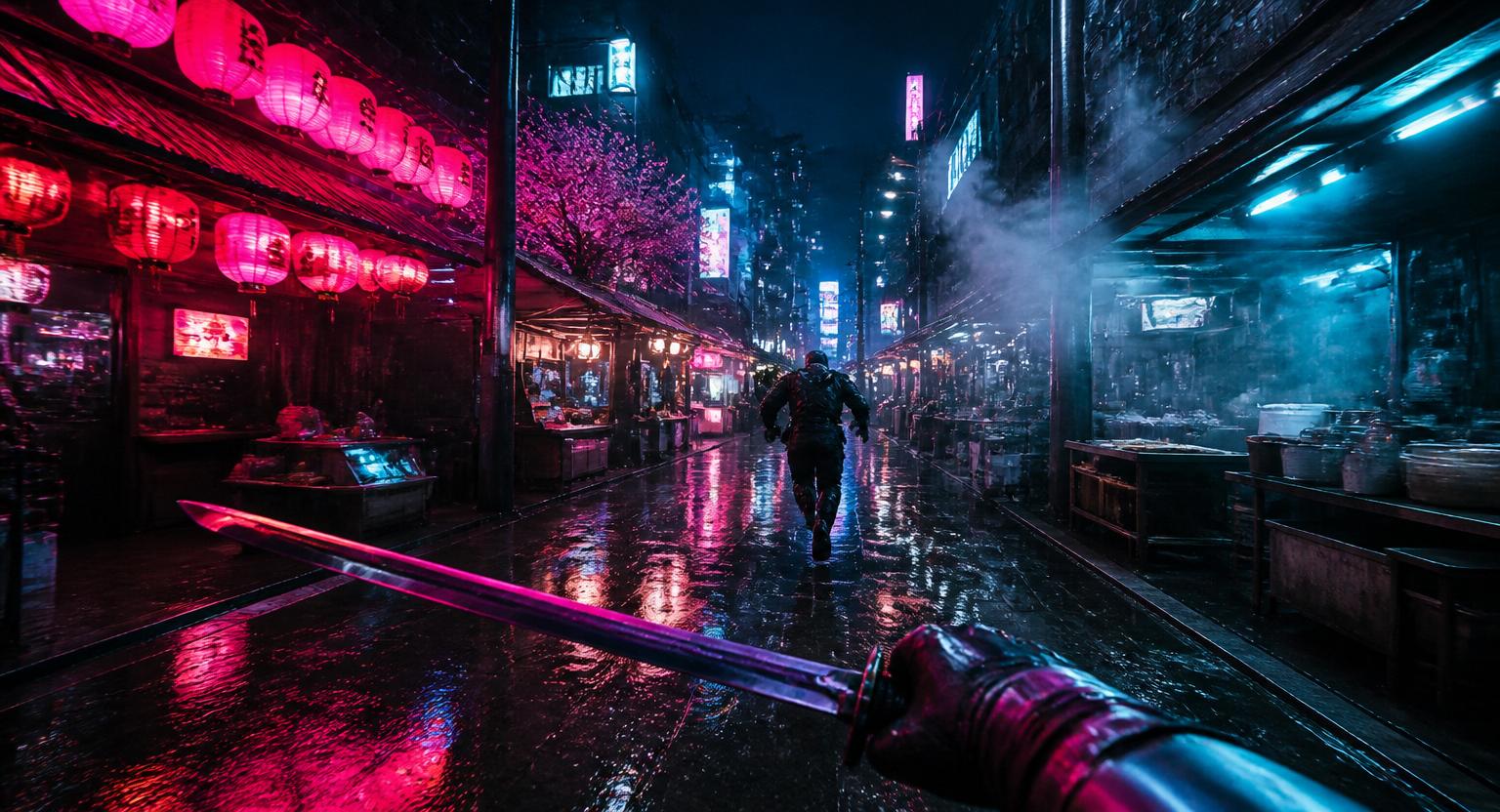 First-person view of a katana-wielding mercenary running through a neon-lit Night City alley in the rain