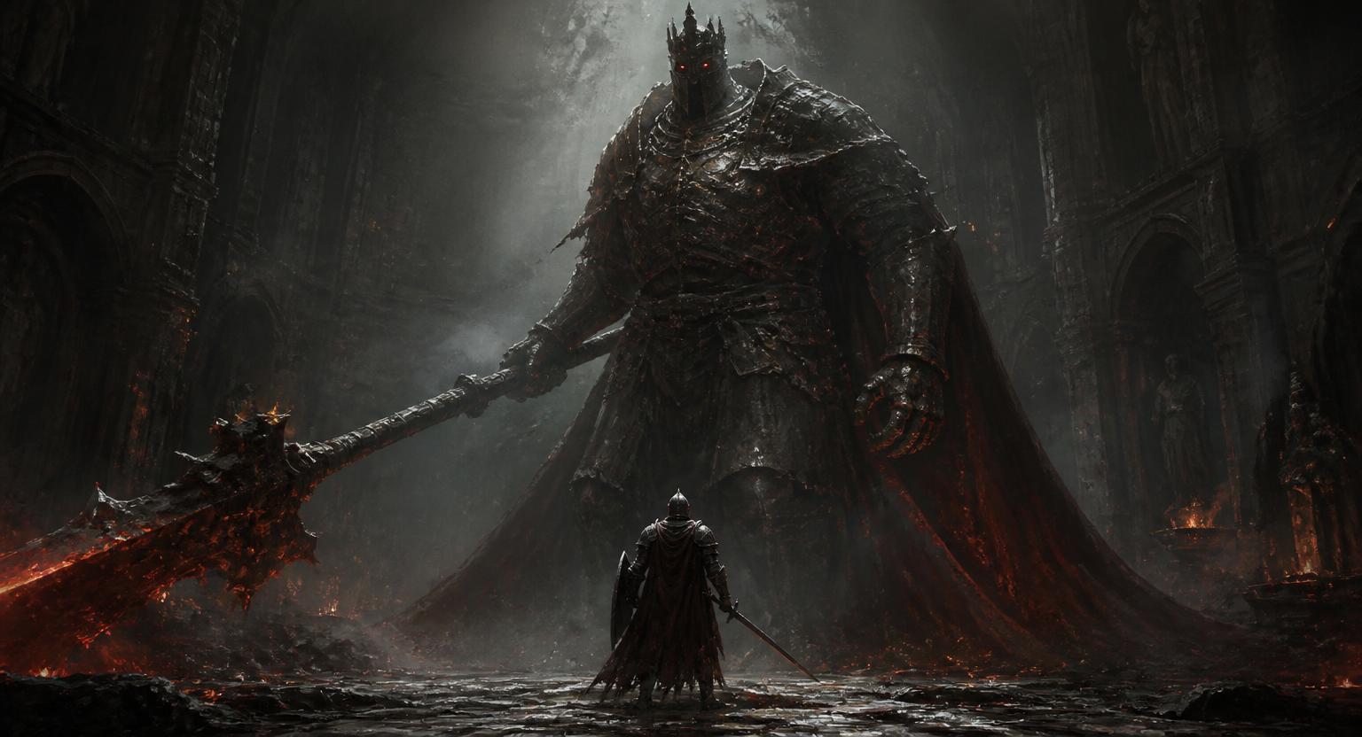 A small knight stands before a towering armored boss in a candle-lit cathedral