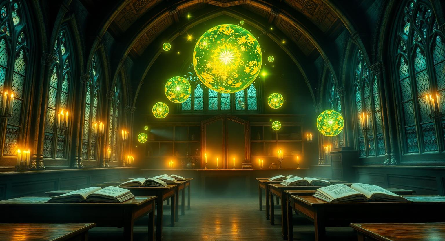 Magical gothic classroom interior with floating candles, stained glass windows and glowing green orbs of light