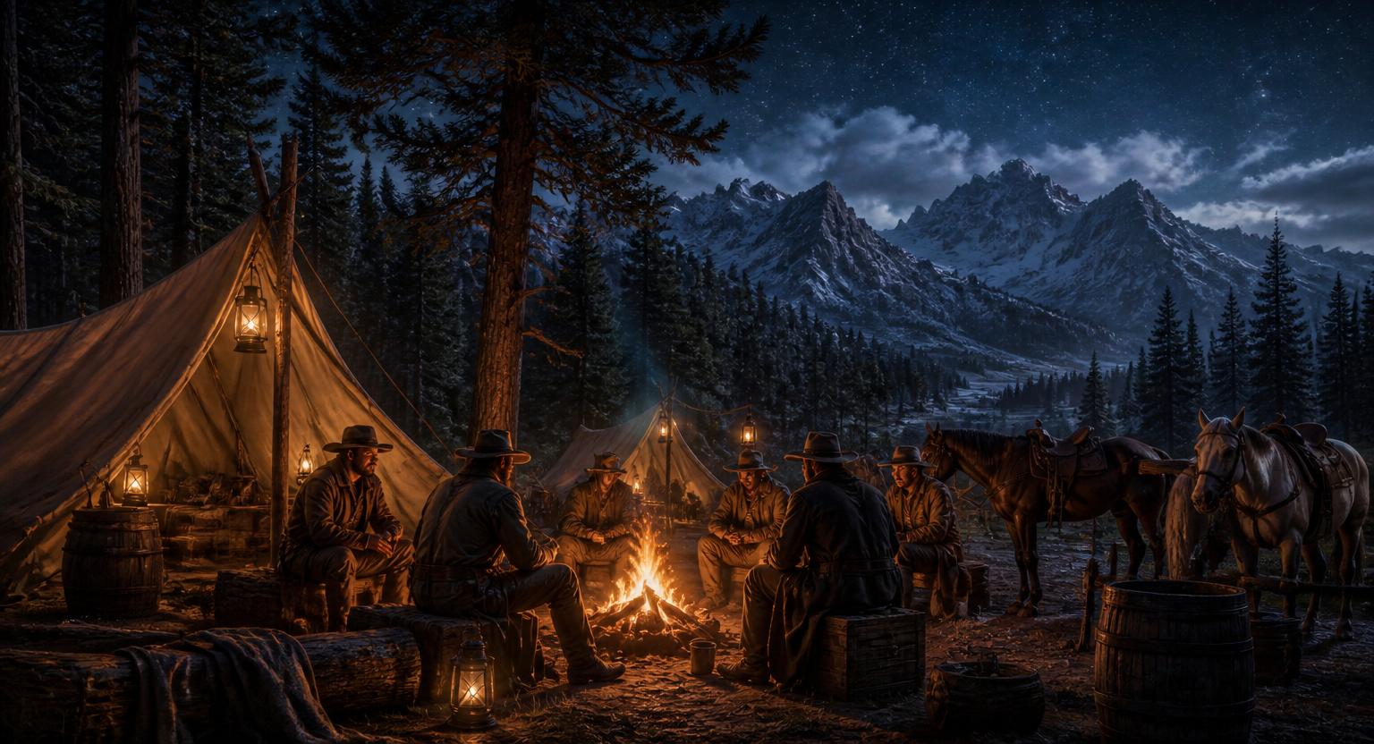 Outlaws sitting around a campfire at night beside tents and tethered horses with snowy mountains in the distance